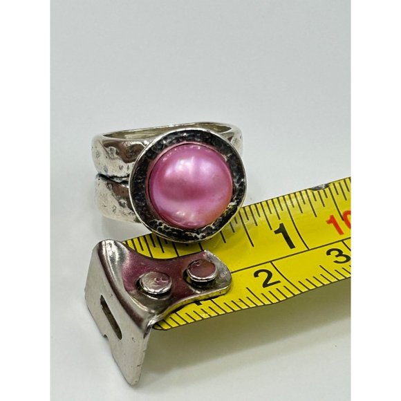 Didae Israel Sterling Silver Dyed Pink Pearl Ring Size 5 925 Hammered Design - Picture 8 of 9